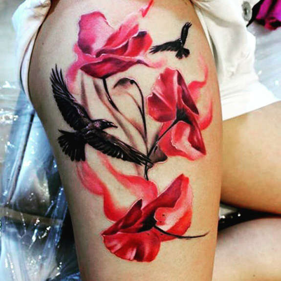 Watercolor Flowers With Flying Birds Tattoo Design For Thigh