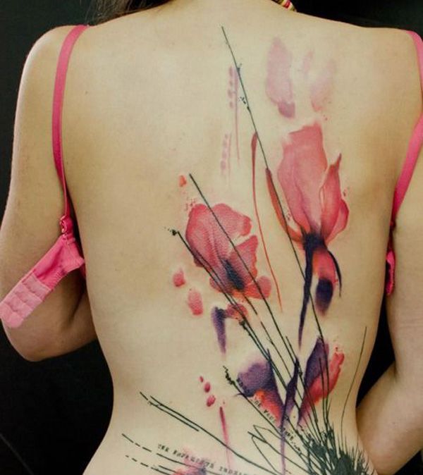 Watercolor Opium Poppy Flowers Tattoo On Girl Full Back