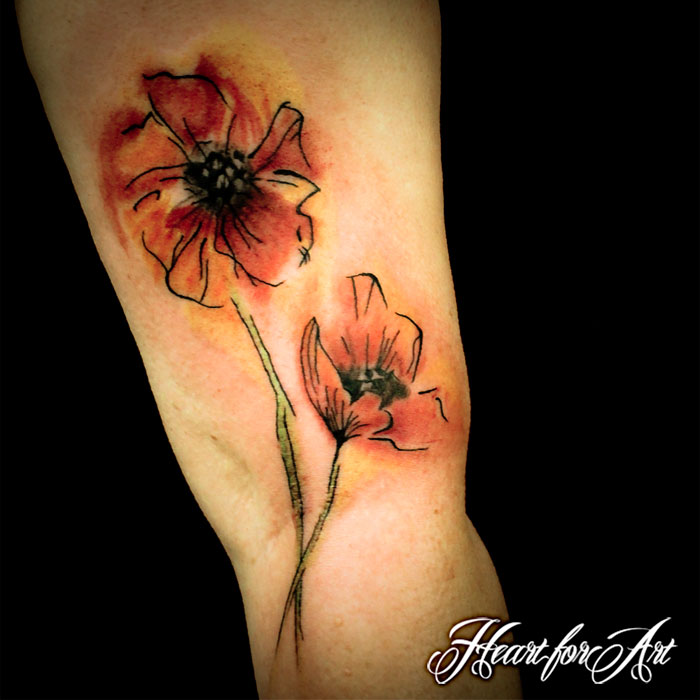 Watercolor Poppy Flower Tattoo Design For Half Sleeve