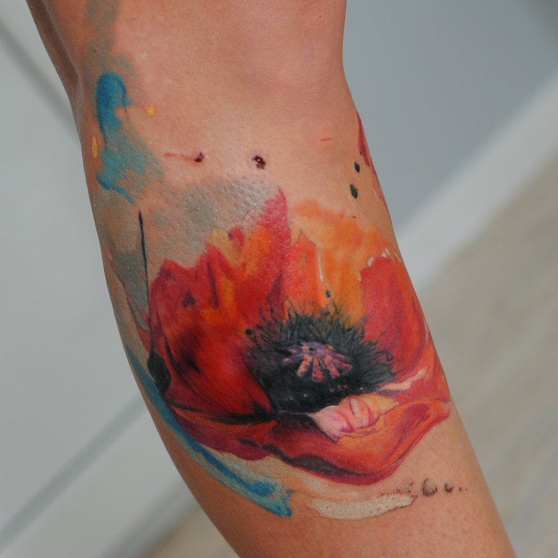 Watercolor Poppy Flower Tattoo Design For Leg