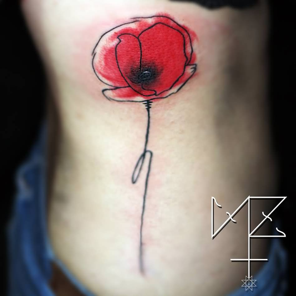 Watercolor Poppy Flower Tattoo Design For Side Rib