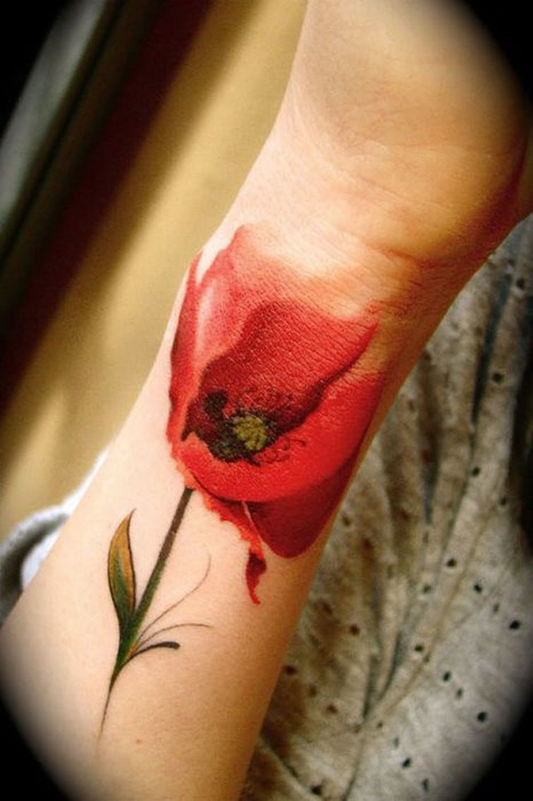 Watercolor Poppy Flower Tattoo On Wrist