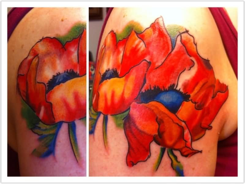 Watercolor Poppy Flowers Tattoo Design For Shoulder