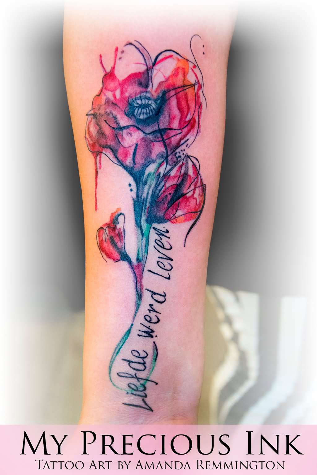 Watercolor Poppy Flowers Tattoo On Forearm