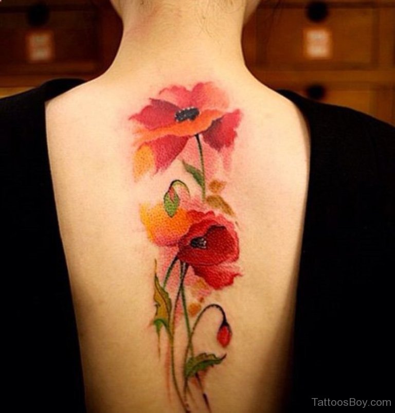 Watercolor Poppy Flowers Tattoo On Full Back