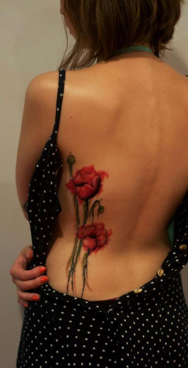 Watercolor Poppy Flowers Tattoo On Girl Back