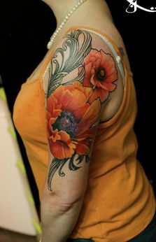 Watercolor Poppy Flowers Tattoo On Girl Left Half Sleeve