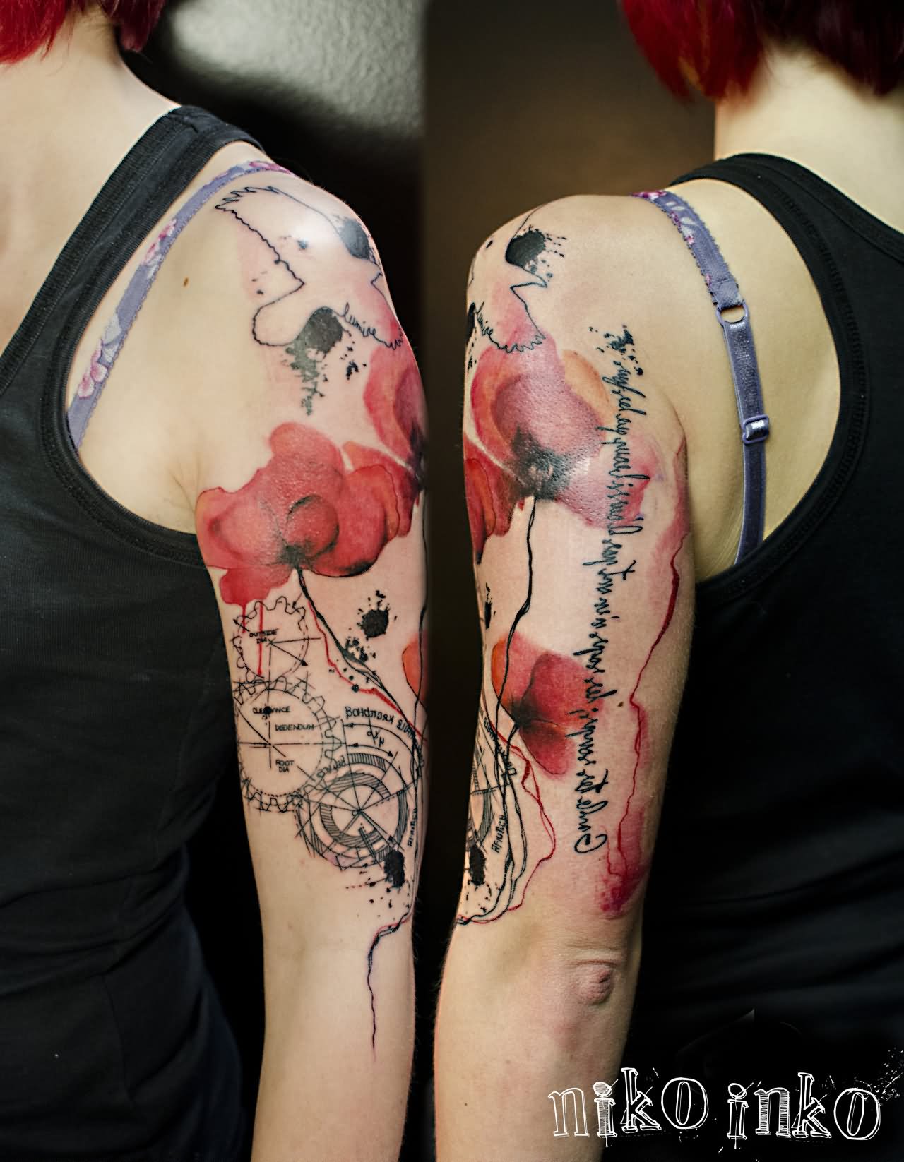 Watercolor Poppy Flowers Tattoo On Left Half Sleeve