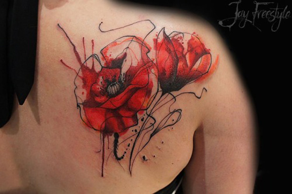 Watercolor Poppy Flowers Tattoo On Right Back Shoulder