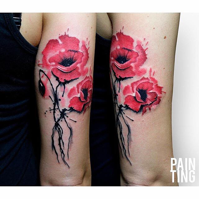 Watercolor Poppy Flowers Tattoo On Right Half Sleeve By