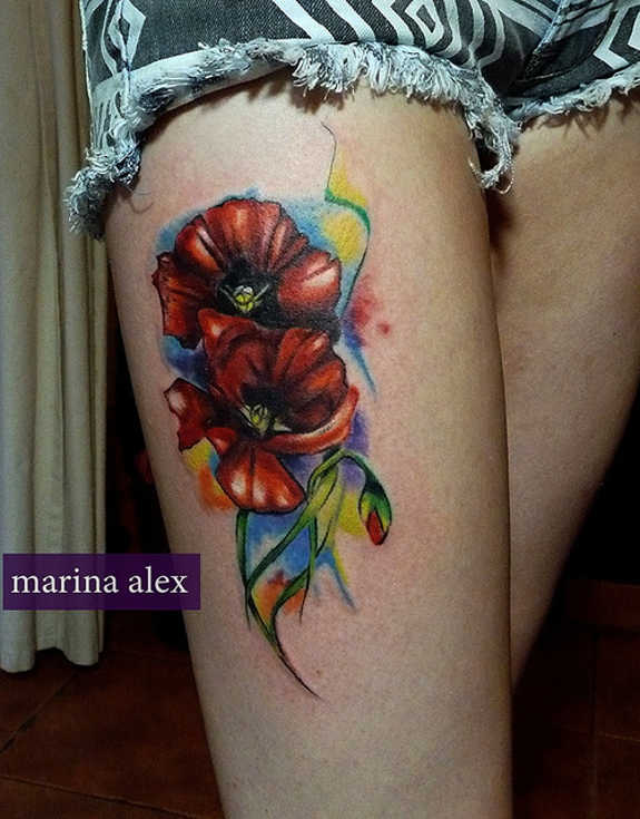 Watercolor Poppy Flowers Tattoo On Right Thigh