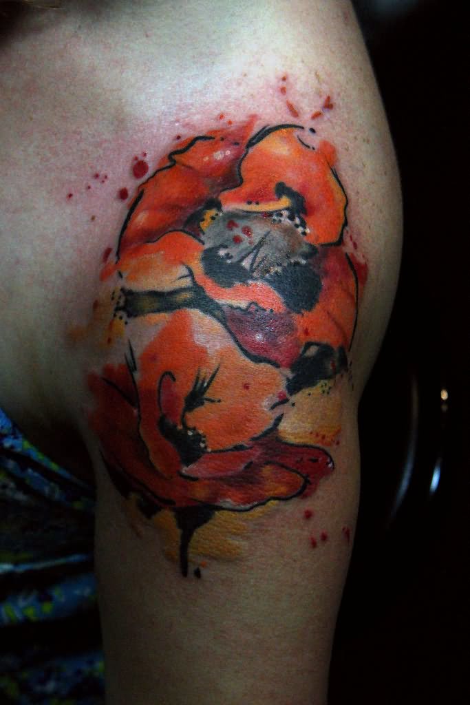 Watercolor Poppy Flowers Tattoo On Shoulder