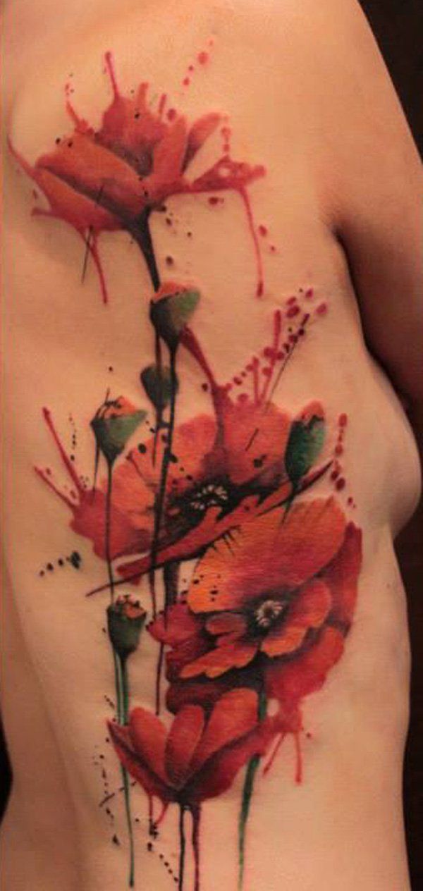 Watercolor Poppy Flowers Tattoo On Side Rib