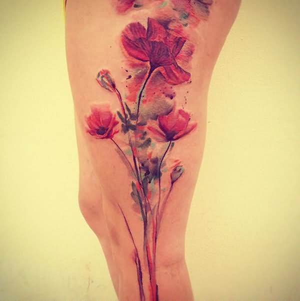 Watercolor Poppy Flowers Tattoo On Side Thigh