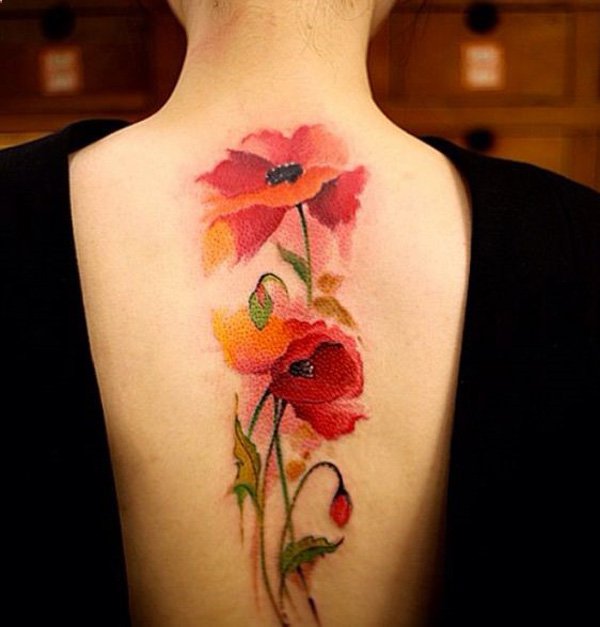 Watercolor Poppy Flowers Tattoo On Upper Back