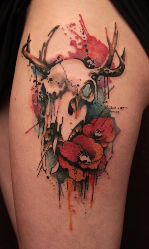 Watercolor Poppy Flowers With Animal Skull Tattoo Design For Thigh