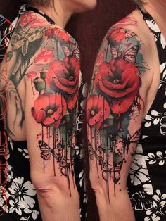 Watercolor Poppy Flowers With Butterfly Tattoo On Right Half Sleeve