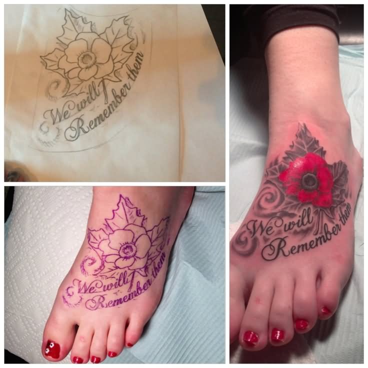 We Will Remember Them - Poppy Flower Tattoo On Girl Left Foot