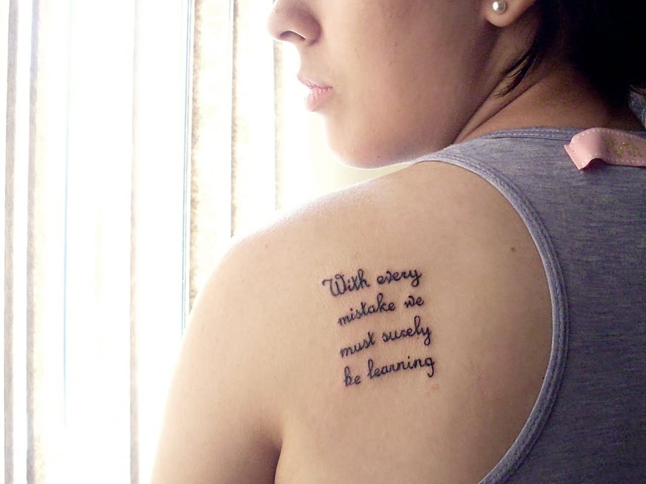 With Every Mistake We Must Surely Be Learning Beatles Lyrics Tattoo On Left Back Shoulder