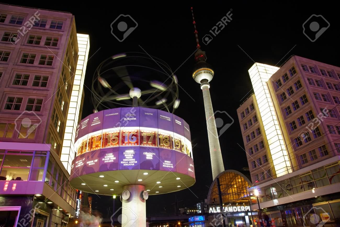 World Clock And Fernsehturm Tower At Night