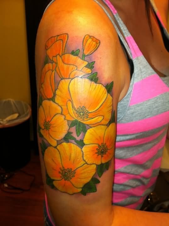 Yellow Poppy Flowers Tattoo On Right Half Sleeve