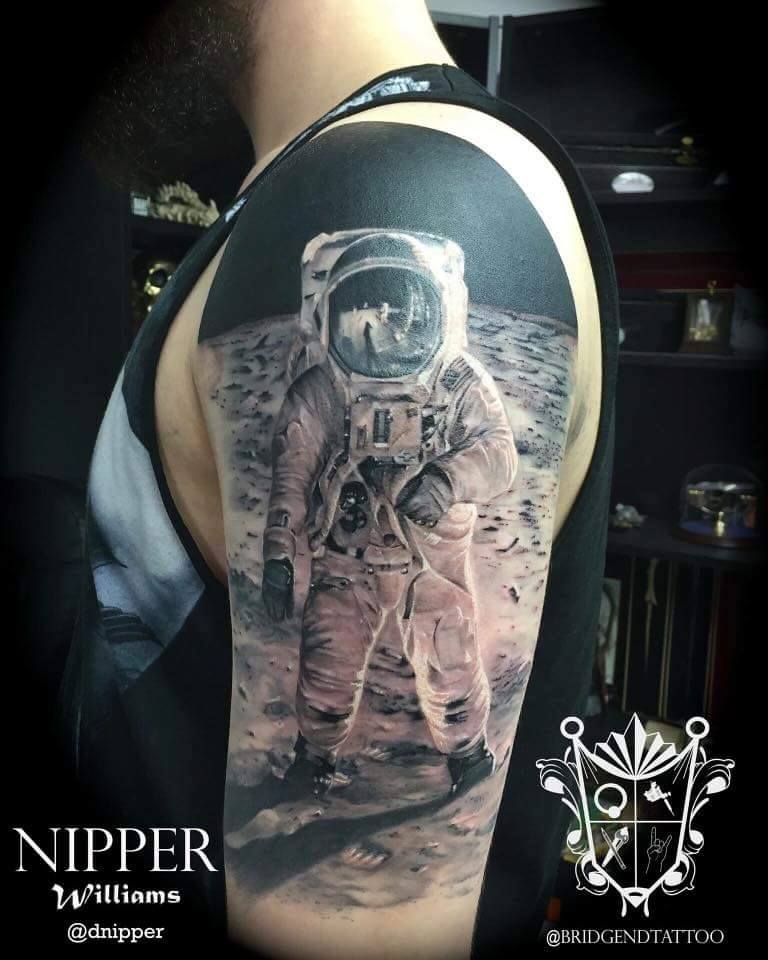 Astronaut Tattoo On Left Half Sleeve by Nipper Williams