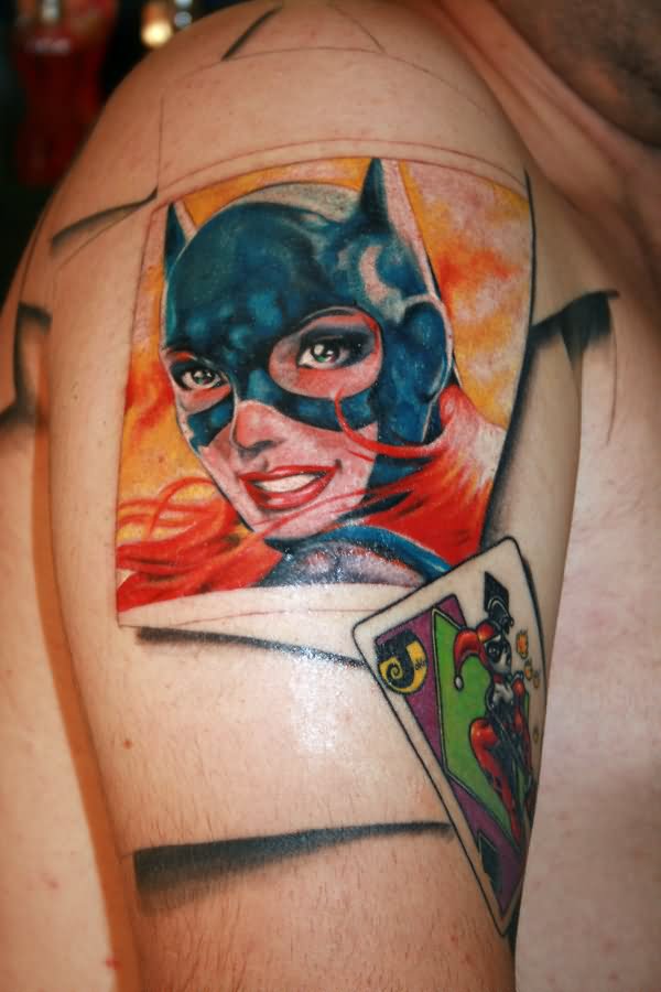 Awesome Batgirl Tattoo On Right Shoulder By Carly