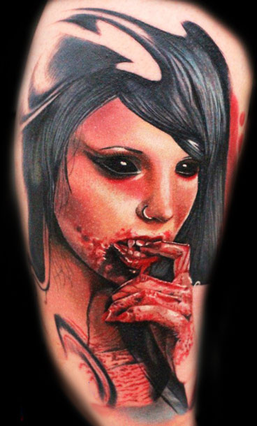 Awesome Vampire Girl Portrait Tattoo Design For Half Sleeve