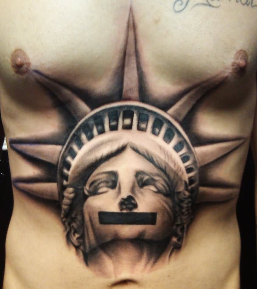 Black And Grey 3D Statue Of Liberty Tattoo On Man Stomach By Carl Grace.