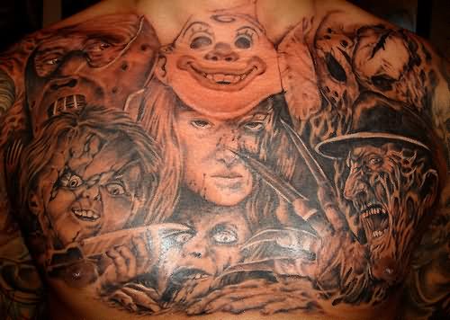 Black And Grey Horror Faces Tattoo On Man Chest