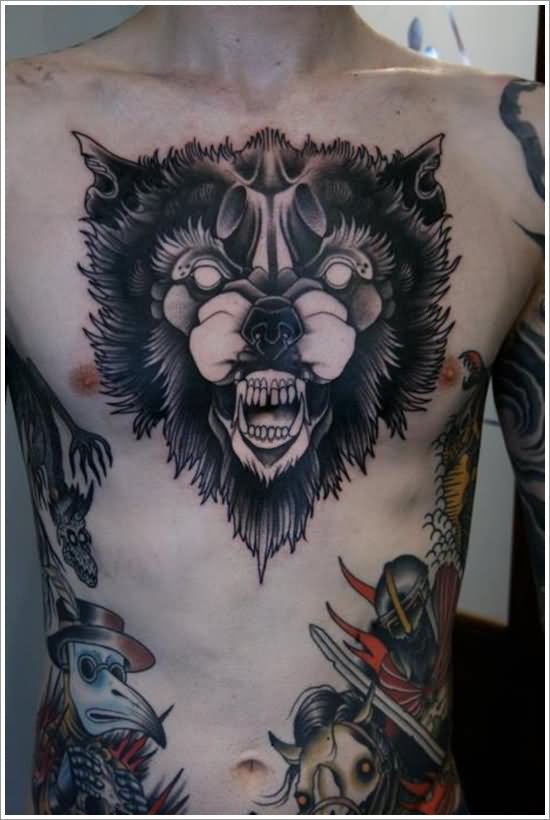 Black Ink Horror Animal Face Tattoo On Man Chest