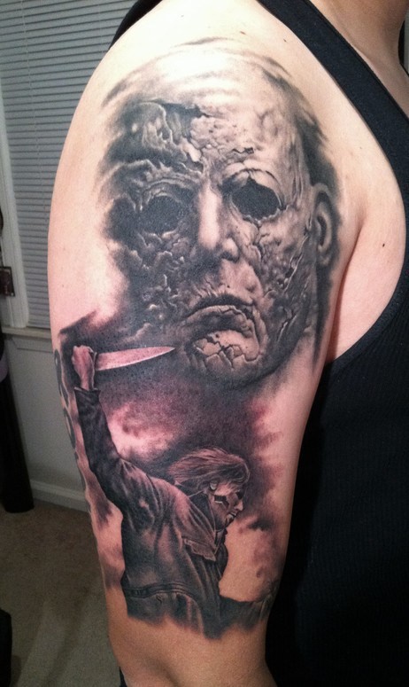 Black Ink Horror Michael Myers Tattoo On Right Half Sleeve By Bob Tyrell