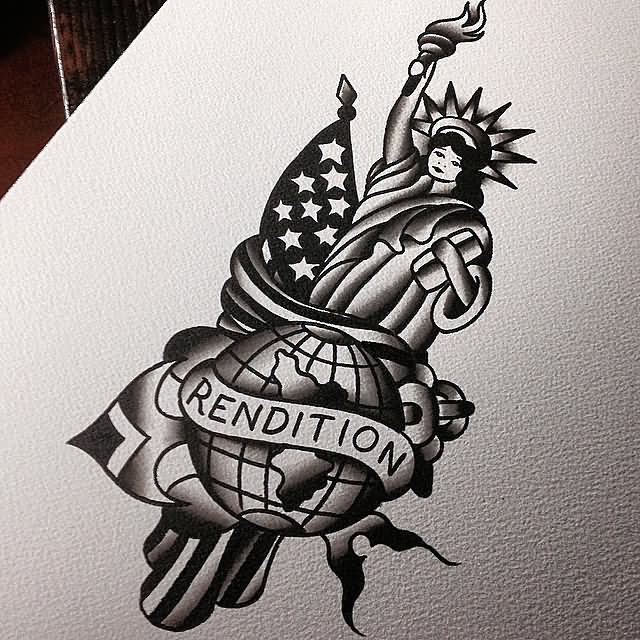 Black Ink Traditional Statue Of Liberty With USA Flag And Globe Tattoo Design By Robert Samuel