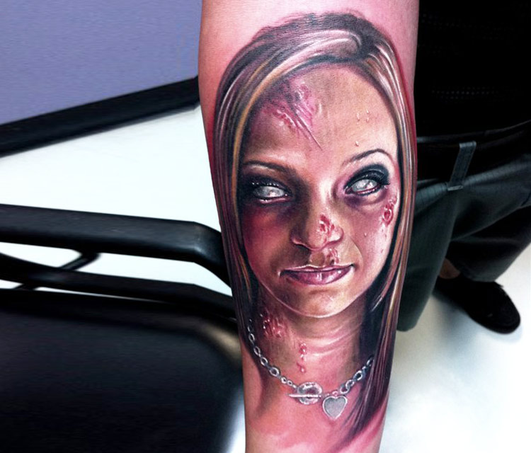 Classic Horror Girl Portrait Tattoo On Forearm