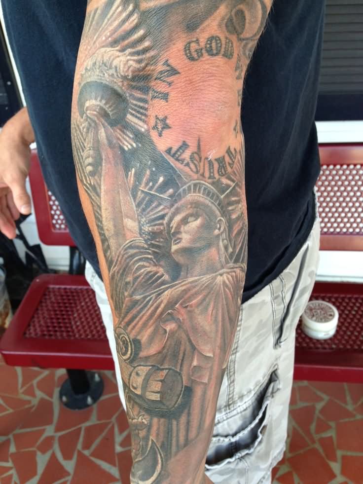 Classic Statue Of Liberty Tattoo On Left Sleeve