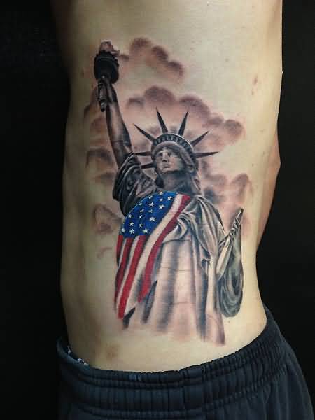 Classic Statue Of Liberty Tattoo On Man Left Side Rib