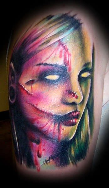 Colorful Horror Girl Portrait Tattoo Design For Half Sleeve