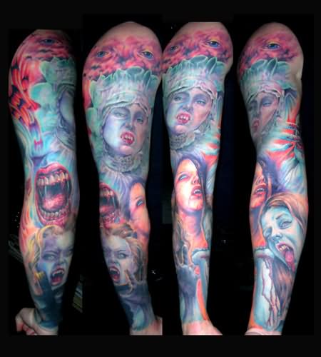 Colorful Horror Vampire Girl Face Tattoo Design For Full Sleeve