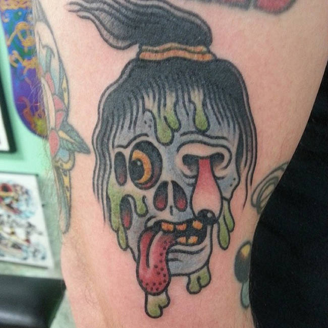 Colorful Simple Zombie Girl Tattoo On Right Half Sleeve