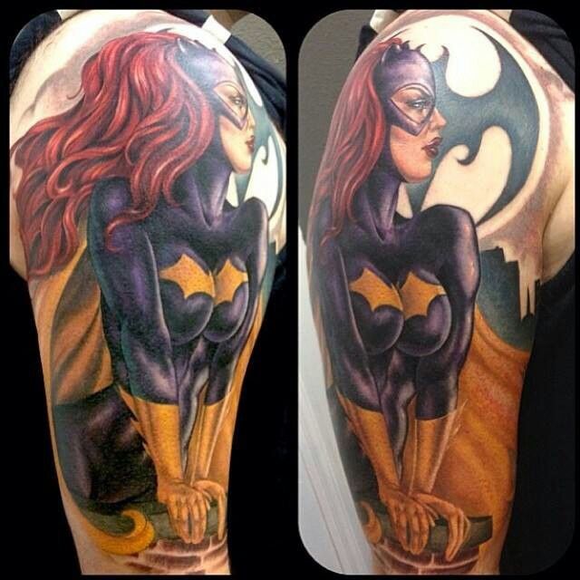 Cool Batgirl Tattoo On Right Half Sleeve By Jesso Lange