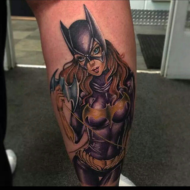 Cute Batgirl Tattoo On Right Leg Calf