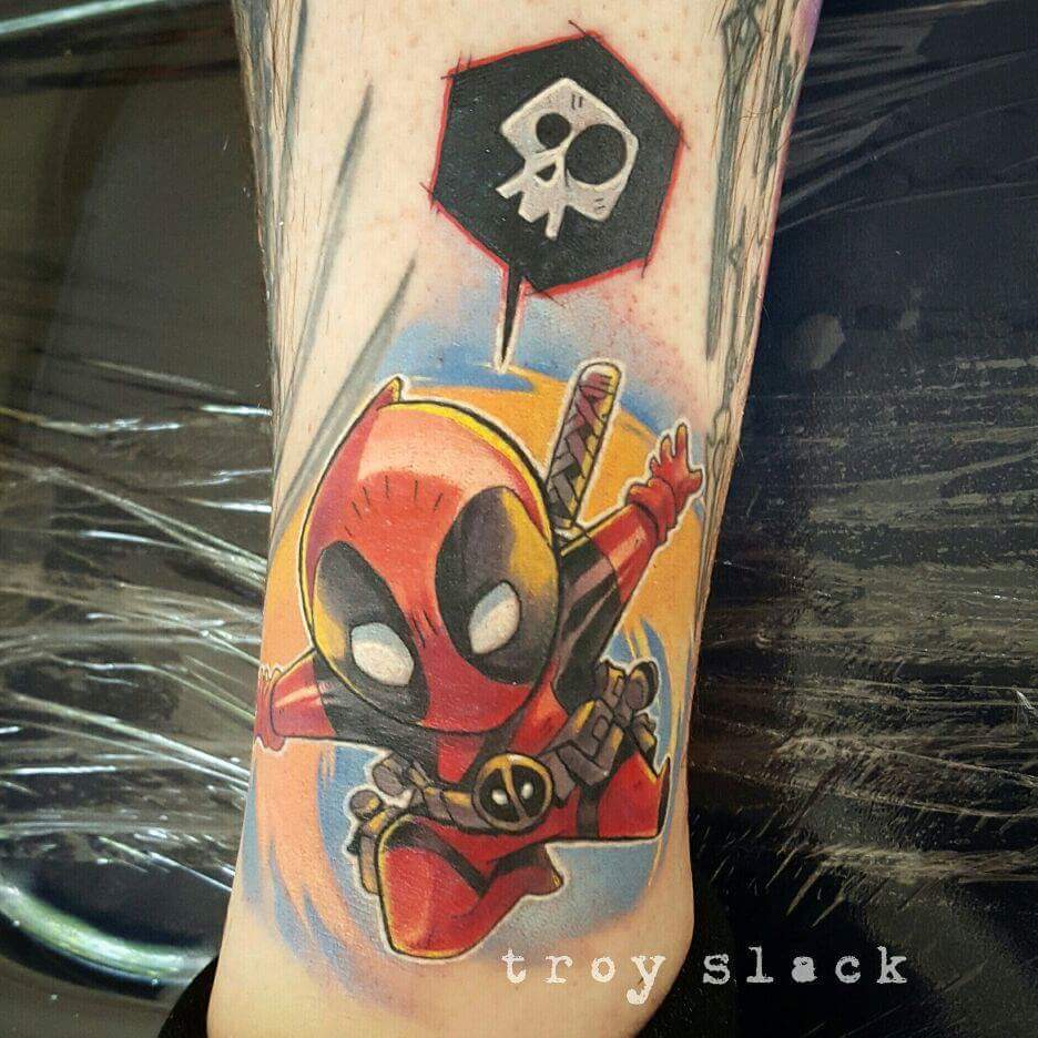 Cute Little Deadpool Tattoo On Leg