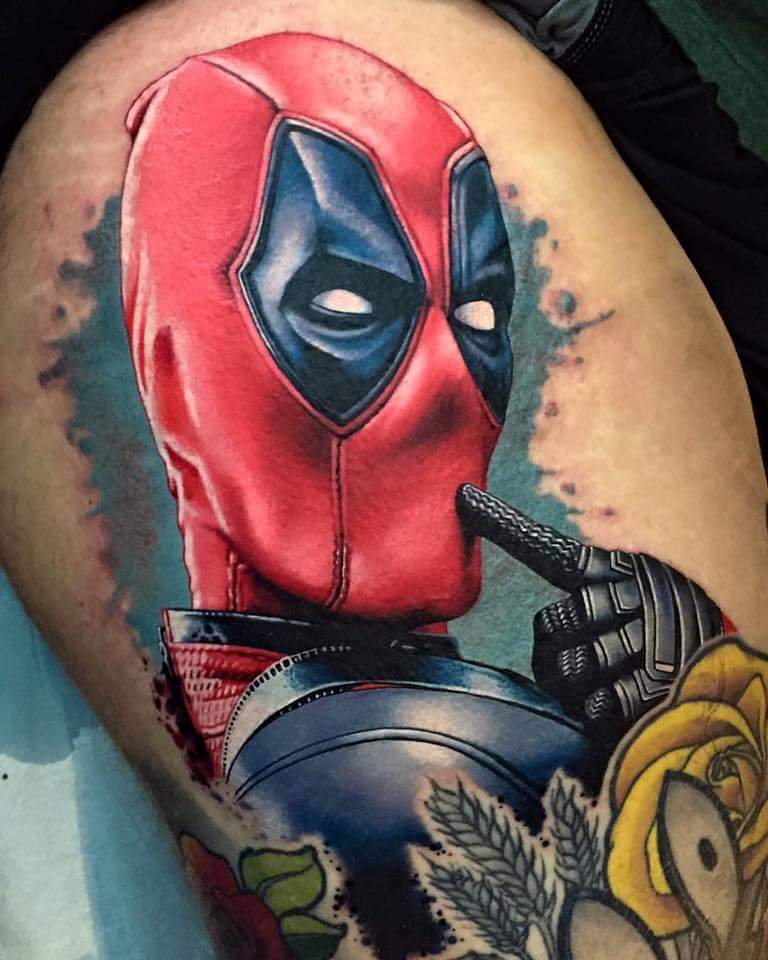 Deadpool Tattoo On Side Thigh