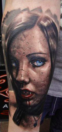 Fantastic Horror Vampire Girl Face Tattoo Design For Sleeve