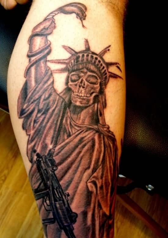 Gangster Statue Of Liberty Tattoo On Leg Calf