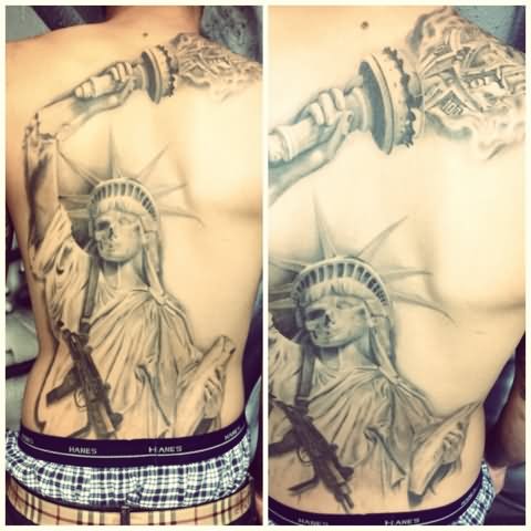 Gangster Statue Of Liberty Tattoo On Full Back