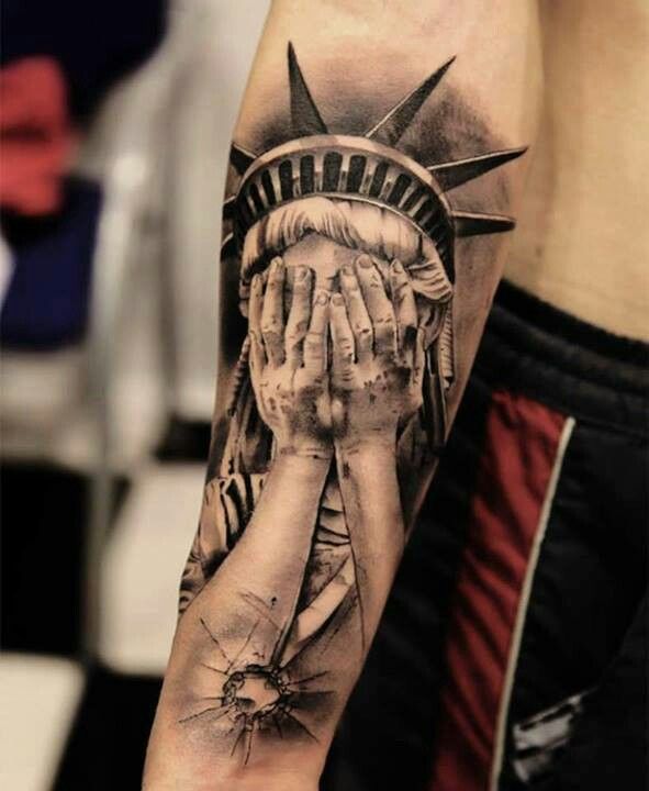 Grey Ink 3D Crying Statue Of Liberty Hiding Face Tattoo On Forearm By Miguel Bohigues