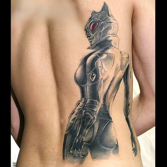Grey Ink Batgirl Tattoo On Full Back By Jesso Lange