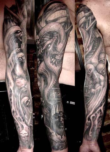 Grey Ink Horror Dragon With Demons Tattoo On Right Full Sleeve