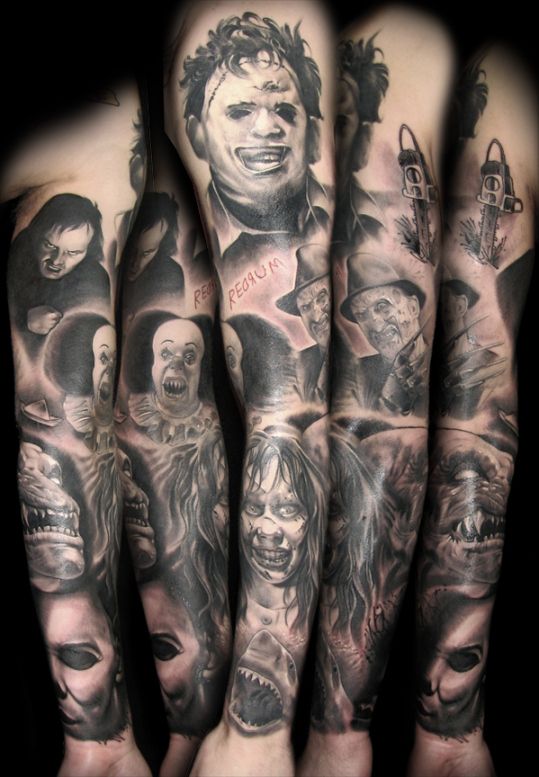 Grey Ink Horror Faces Tattoo On Full Sleeve By Dusty Neal
